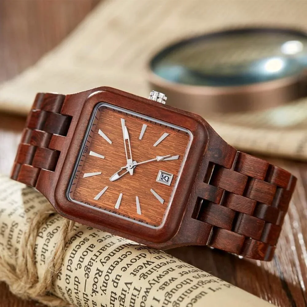 Men's Brown Red Rectangle Quartz Movement Wooden Watches